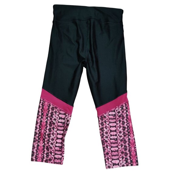 Under Armour M HeatGear Black Compression Leggings Pink Snake Print Panels Capri - Picture 2 of 5